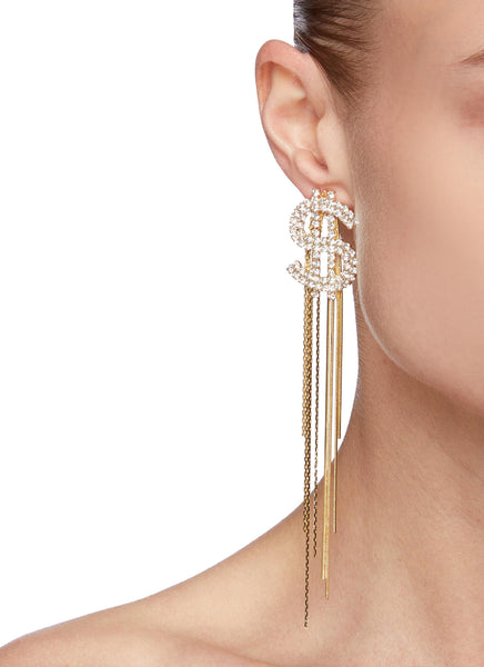 DOLLAR SIGN CHAIN FRINGE DROP EARRINGS