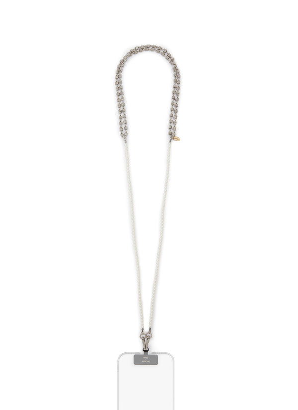 SILVER TONED METAL FAUX PEARL PHONE STRAP