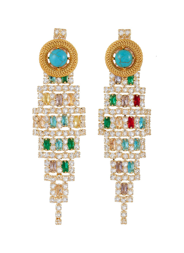TURQOISE WITH GOLD TONED METAL CHANDELIER DROP EARRINGS