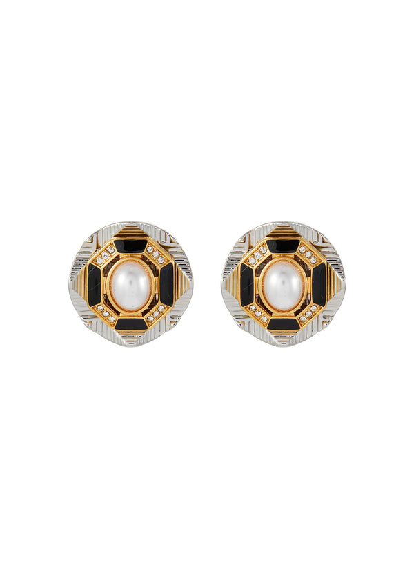 ARTIFICIAL PEARL WITH GEOMETRIC GOLD AND SILVER TONED METAL STUD EARRINGS