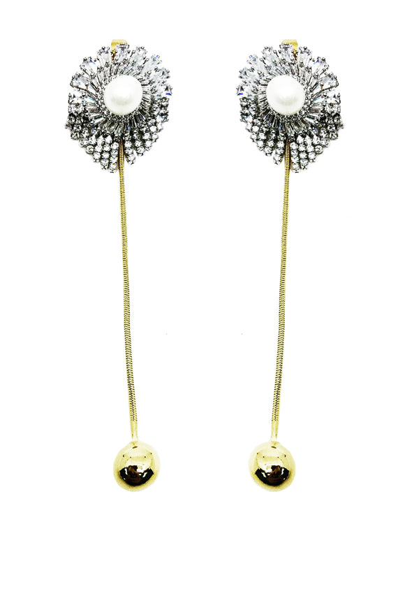 DETACHABLE GLASS CRYSTAL WITH PEARL DROP DANGLING GOLDEN BALL EARRINGS