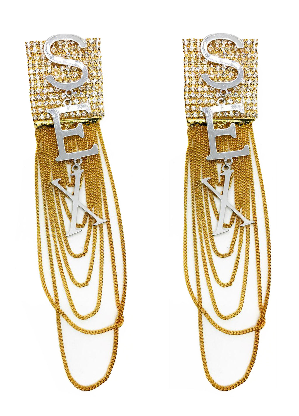 GLASS CRYSTAL ''S.E.X'' DROP WITH GOLD FRINGE CHAINS EARRINGS