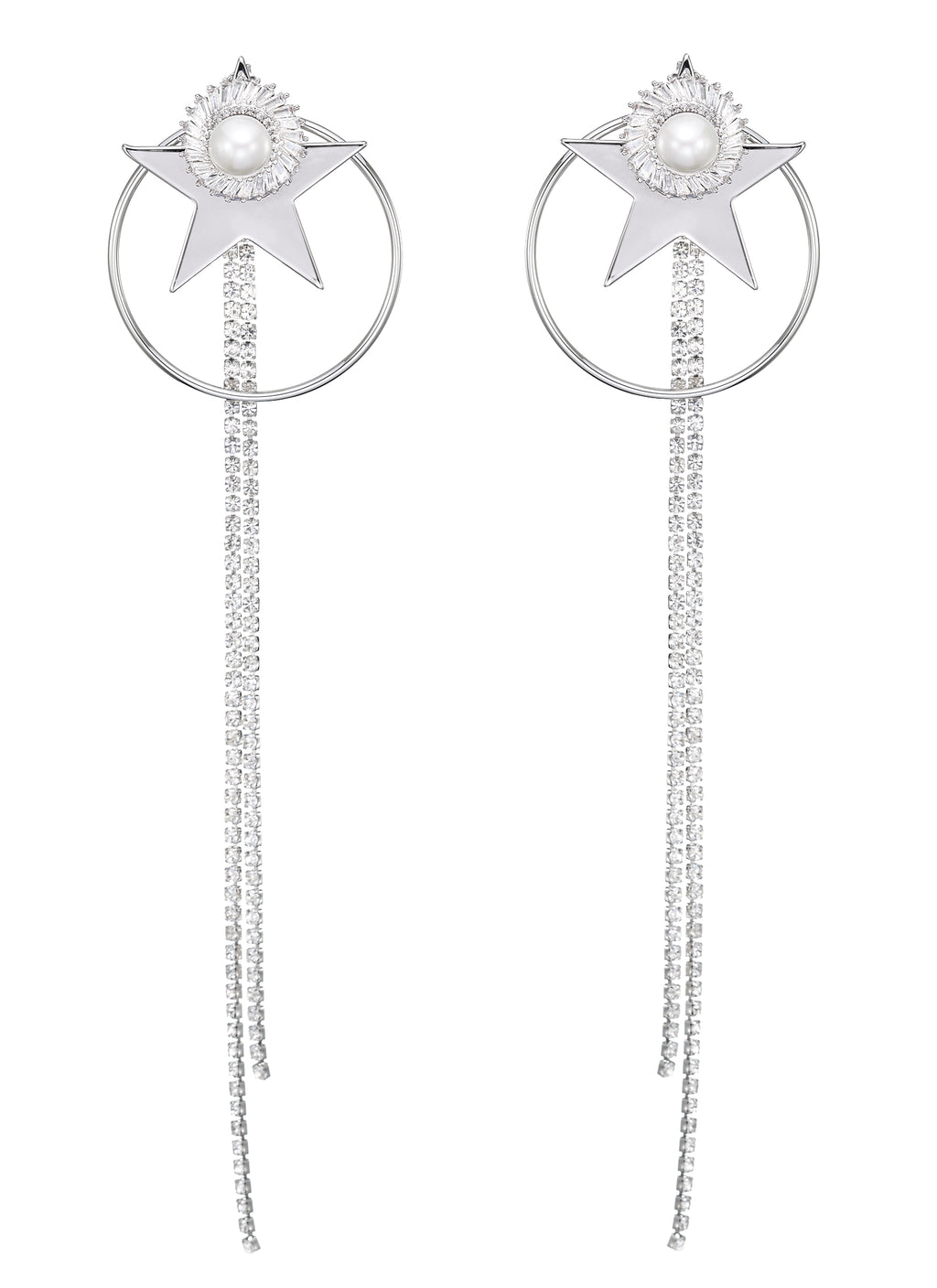 DETACHABLE GLASS CRYSTAL BLOSSOM WITH PEARL STAR FRINGE DROP EARRINGS