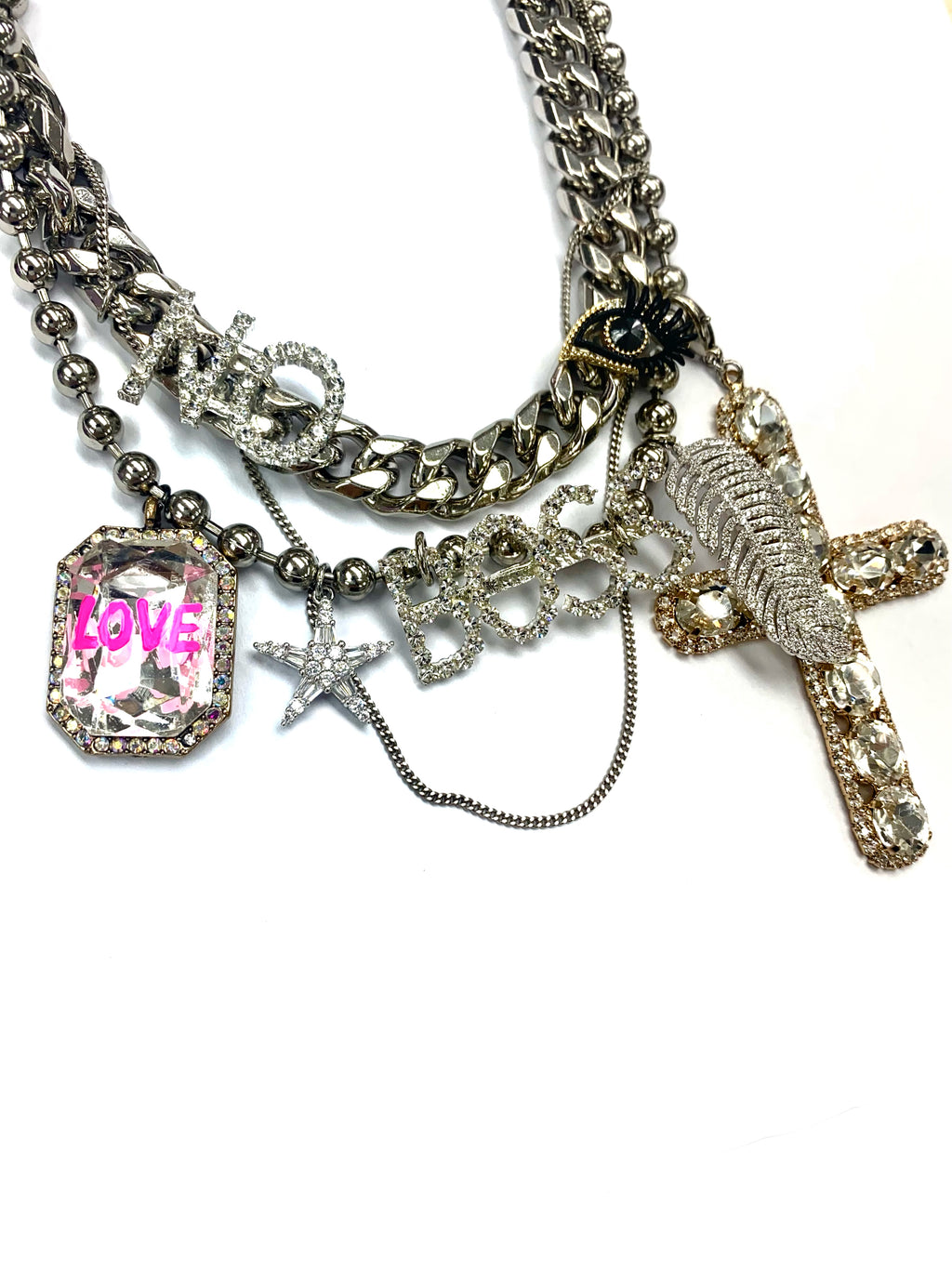 CRYSTAL EMBELLISHED CHAIN LAYERED LOVE NECKLACE