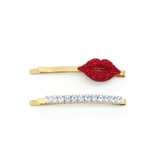 GLASS CRYSTAL RED LIP HAIR CLIP SET